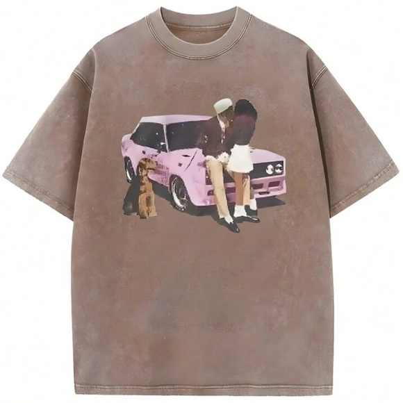 SHEIN Tops - Brown Graphic T-Shirt with Pink Car Design Shein size XL